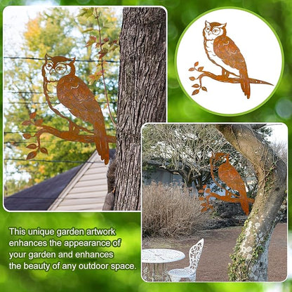DoubleFill Rustic Copper Metal Owl Statue Outdoor Garden Decor Weather Resistant Rusty Metal Wall Art for Patio Lawn and Backyard Sculpture Gift