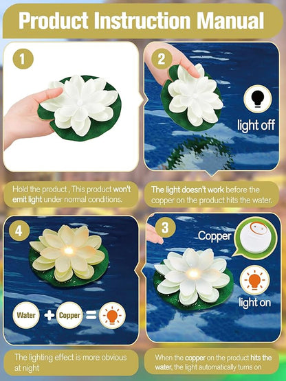 Hortsun 12 Pcs Floating Lotus Lights with Batteries Lily Pads Pool Flowers Floating Candles Decor Artificial Pond Plants Decorations for Pool Pond Outdoor Indoor (White,3.94 Inch)