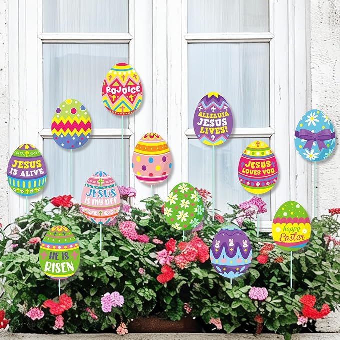 Cinrobiye 12Pcs Easter Planter Stakes Flower Pot Signs 5.9Inches Bunny Chick Jesus Egg Garden Stake Outdoor Lawn for Easter Party Patio Yard Outside Greetings Home Farmhouse Decor