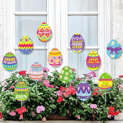 Cinrobiye 12Pcs Easter Planter Stakes Flower Pot Signs 5.9Inches Bunny Chick Jesus Egg Garden Stake Outdoor Lawn for Easter Party Patio Yard Outside Greetings Home Farmhouse Decor