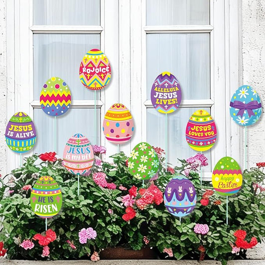 Cinrobiye 12Pcs Easter Planter Stakes Flower Pot Signs 5.9Inches Bunny Chick Jesus Egg Garden Stake Outdoor Lawn for Easter Party Patio Yard Outside Greetings Home Farmhouse Decor
