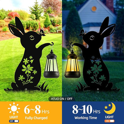 Bunny Solar Garden Stakes, Rabbit Silhouette Decorative with Solar Lantern, Metal Garden Easter Decoration for Yard,Lawn,Pathway
