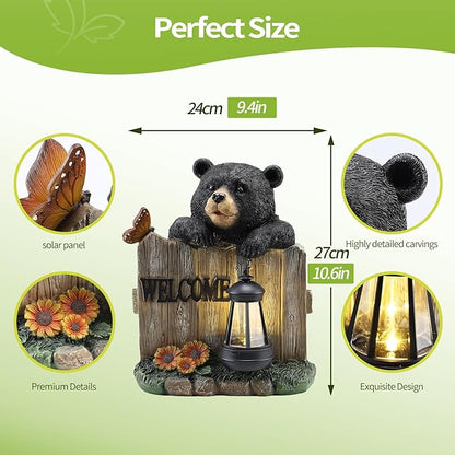 Solar Bear Garden Statue with Hanging Lantern Light, Resin Outdoor Welcome Sign Decor, Waterproof Solar Powered Garden Decoration for Yard, Lawn, Patio, 10.6"