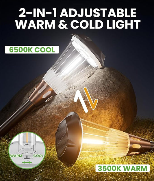 BITPOTT 2-in-1 Warm&Cool Solar Pathway Lights Outdoor, 2 Pack Solar Garden Lights Waterproof IP65, Auto On/Off Outdoor Light for Yard Garden Walkway Landscape Lighting