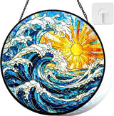 Stained Glass Window Hanging, Sun and Sea Waves Stained Glass Suncatcher, Window Decor Sea Wave Scenery Lover Gift for Women, Couples, Best Friend, Family, Colleague, Classmate 7.8 Inch