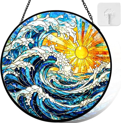 Stained Glass Window Hanging, Sun and Sea Waves Stained Glass Suncatcher, Window Decor Sea Wave Scenery Lover Gift for Women, Couples, Best Friend, Family, Colleague, Classmate 7.8 Inch