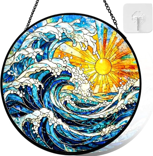 Stained Glass Window Hanging, Sun and Sea Waves Stained Glass Suncatcher, Window Decor Sea Wave Scenery Lover Gift for Women, Couples, Best Friend, Family, Colleague, Classmate 7.8 Inch