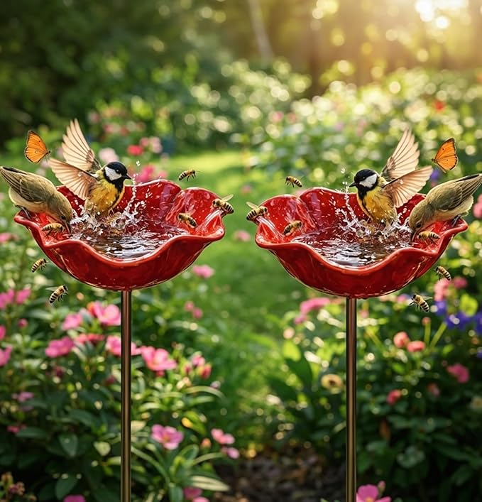 Handmade Metal Flower Garden Stake with Bird Bath & Bee Water Bowl, Bee Bird Watering Station, Butterfly & Pollinator Watering Station, Garden Yard Art Outdoor Decor (2 pcs)