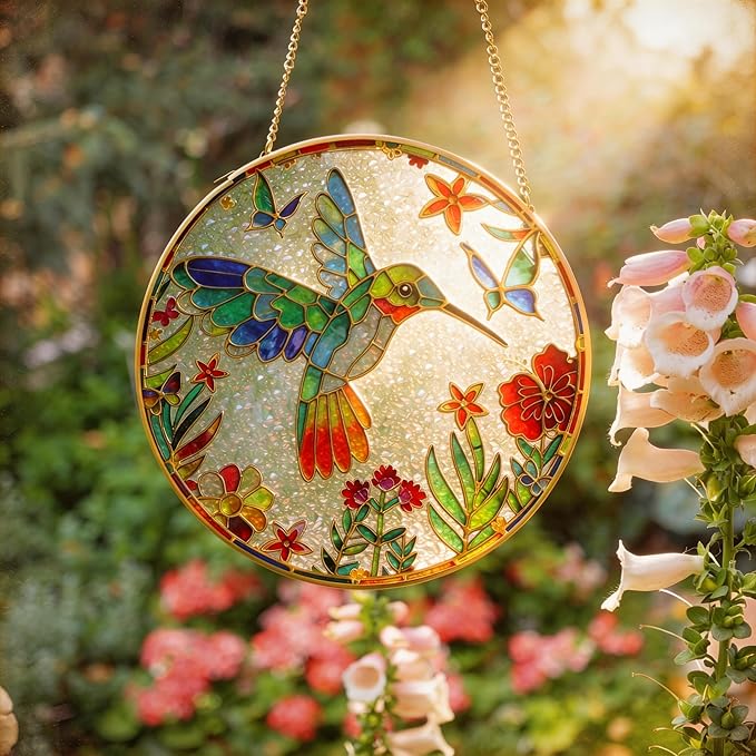 LITIVY Stained Glass Suncatcher Spring Flowers & Hummingbird, 8 Inch Handmade Multi-Color Window Hanging Decor for Garden, Sun Catcher Home Decor for Women