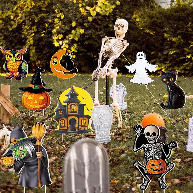 Amyhill 12 Pcs Halloween Yard Signs Vintage Lawn Decorations with Stakes Sturdy Corrugated Plastic Outdoor Decorations Witch Black Cat Pumpkin Ghost Owl Skeleton Garden Signs for Scary Halloween Party