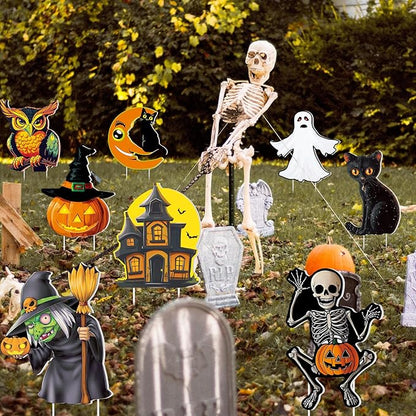 Amyhill 12 Pcs Halloween Yard Signs Vintage Lawn Decorations with Stakes Sturdy Corrugated Plastic Outdoor Decorations Witch Black Cat Pumpkin Ghost Owl Skeleton Garden Signs for Scary Halloween Party