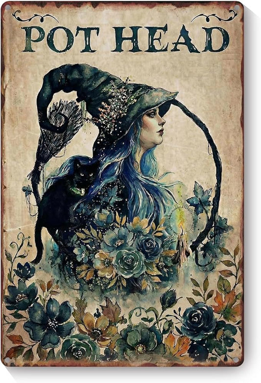 Vintage Metal Garden Sign, Garden Witch Wall Decor, Funny Gardening Gifts for Women, Home Patio Yard Art, 8 x 12 Inches