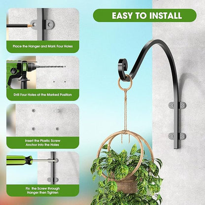 EPHECH 4 Pack Heavy Duty Plant Hanger Hook for Outdoor and Indoor, 16Inch Wall Hanging Basket Bracket, Black Metal Outdoor Hanging Bracket for Hanging Flower Pot Bird Feeder Lanterns