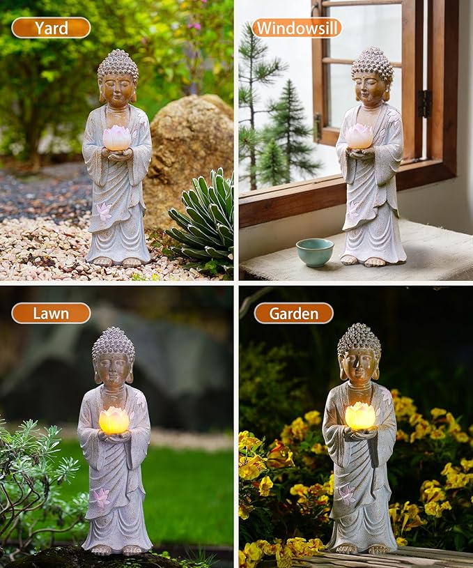 Nacome Solar Buddha Garden Statues with Lotus Flower: Resin Zen Decor Waterproof Sculpture Outdoor Light Design for Outside Patio Lawn Yard Balcony - 14.6 inches(White)