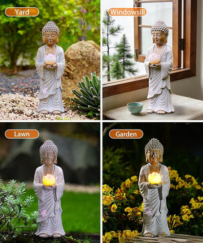 Nacome Solar Buddha Garden Statues with Lotus Flower: Resin Zen Decor Waterproof Sculpture Outdoor Light Design for Outside Patio Lawn Yard Balcony - 14.6 inches(White)