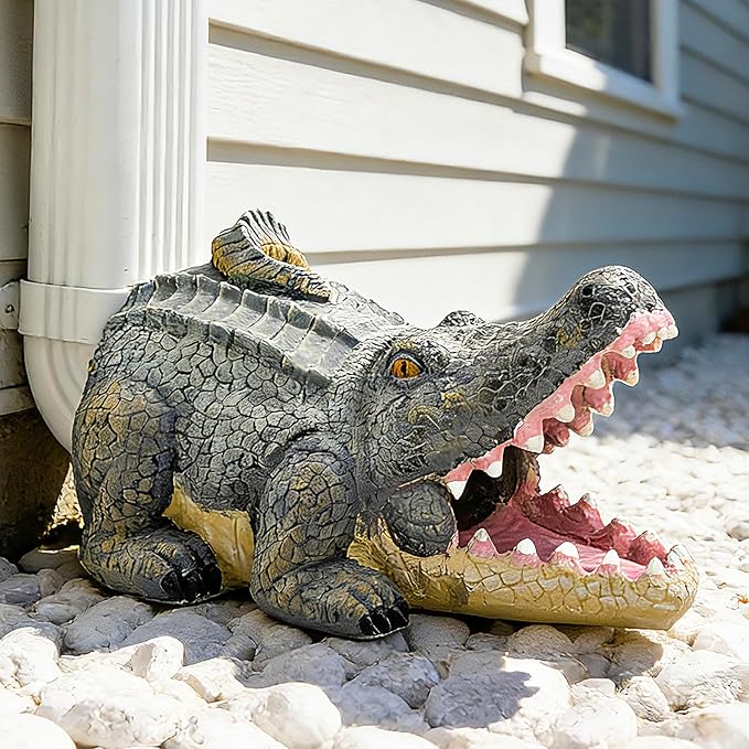 Teaeeno Alligator Decor Statue Gutter Downspout Extension Decorative,Crocodile Gutter Animal Statue Outdoor Decor,3"×4" Rain Gutter Downspout Splash Block,Garden Splash Block Outdoor Sculpture (Green)