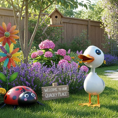 Metal Garden Statue Decor,White Duck Garden Sculptures for Outdoor,Garden Yard Art Lawn Ornaments for Backyard Patio Decoration