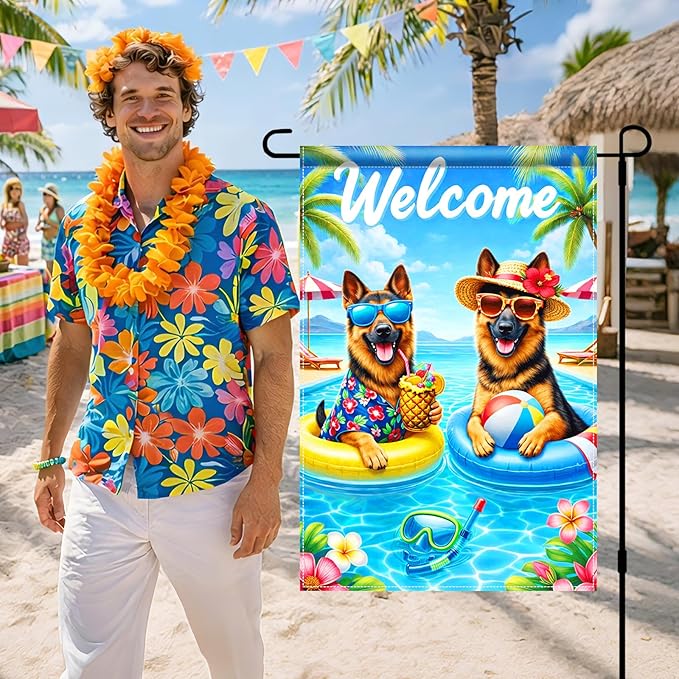 BlissYard Welcome Summer German Shepherd Garden Flag 12x18 Double Sided Vertical Outdoor Pool Dog Decor Tropical Beach Yard Lawn Patio Poolside Banner