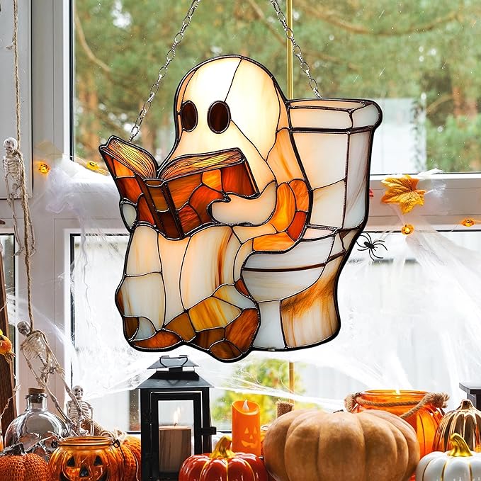 Ghost Reading Book on Toilet Acrylic Sun Catchers Indoor Windown Suncatchers for Windows Hanging Christmas Suncatchers Window Decor Outdoor Suncatcher