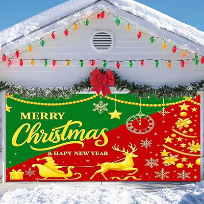 IVN Christmas Garage Door Cover Decoration 13x6ft Snowy Night Trees with Green Red Sleigh Scene Deer Merry Christmas Garage Door Banner Home Door Front Yard Decor for Xmas Eve Holiday Outdoor