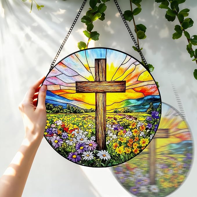 Stained Glass Window Hanging, 8 Inch Stained Glass Cross Wildflower Suncatcher, Sun Catchers Indoor Window, Floral Cross Religious Home Garden Decor Glass Panel, Easter Faith Christian Gifts for Women