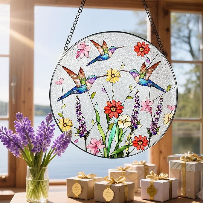 8 Inch Hummingbirds Stained Glass Suncatcher, Stained Glass Window Hanging, Window Hanging Decor, Hummingbird Sun Catcher, Gifts for Women Mom Grandma, Mother Day, Birthday, Christmas