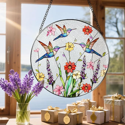 8 Inch Hummingbirds Stained Glass Suncatcher, Stained Glass Window Hanging, Window Hanging Decor, Hummingbird Sun Catcher, Gifts for Women Mom Grandma, Mother Day, Birthday, Christmas