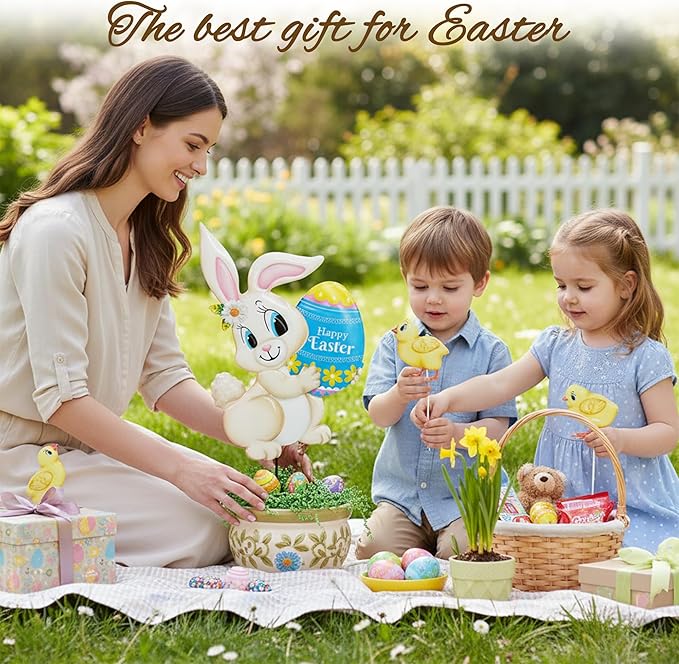 4PCS Spring Rabbit Metal Yard Decorations Stakes, Grandmas Garden Easter Holiday Yard Decoration Outdoor Stakes, Memorial Personalized Unique Garden Gifts Women for Grandma Statue