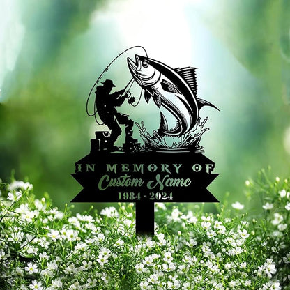 Custom Tuna Fishing Metal Memorial Stake Personalized Fisherman Catching Fish Grave Marker Name Sign Fisher Remembrance Stake Decor,Memorial Statue Sign for Garden Outdoor Outside Yard Decor.