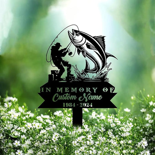 Custom Tuna Fishing Metal Memorial Stake Personalized Fisherman Catching Fish Grave Marker Name Sign Fisher Remembrance Stake Decor,Memorial Statue Sign for Garden Outdoor Outside Yard Decor.