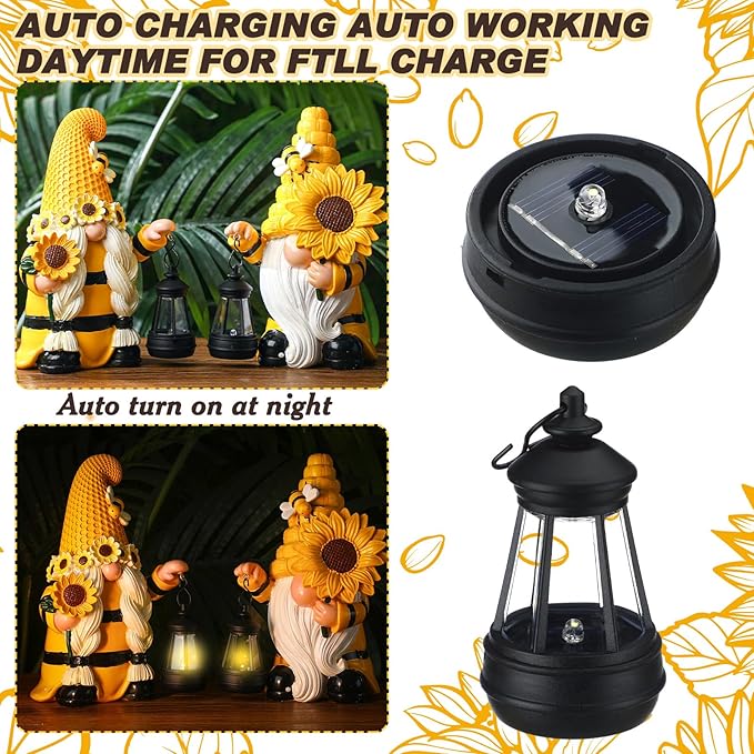 Suzile 2 Pack Sunflower Bee Gnome 9.4 Inch Garden Outdoor Statue Solar with Lantern Lights Gnomes Gifts for Women Outside Sunflower Bee Figurine for Yard Courtyard Lawn Patio Porch Decor