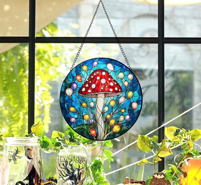 Stained Glass Window Hanging, Mushroom & Fairy Lights Sun Catchers Colorful Glass Panel Suncatcher Cottagecore Boho Home Decor for Birthday for Mother's Day Women, Men Gifts 7.8 in