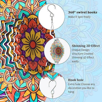 Mandala Daisy Wind Spinner - 12In 3D Kinetic Metal Wind Spinners, Stainless Steel Laser Cut Hanging Wind Sculpture, Indoor/Outdoor Garden & Yard Art Decor Gifts for Women, Men & Holidays