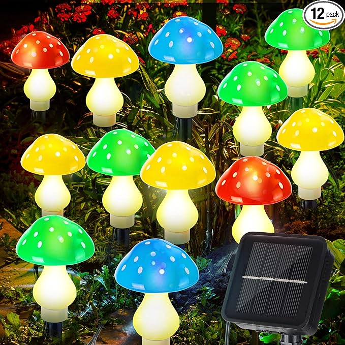 Reginary 12 Pcs Outdoor Lamp Solar Mushroom Light up Garden Mushroom Lights 8 Modes Waterproof Lamp Outside Decor for Holiday Yard Patio Pathway Lawn Ornament(Multicolored,Classic)