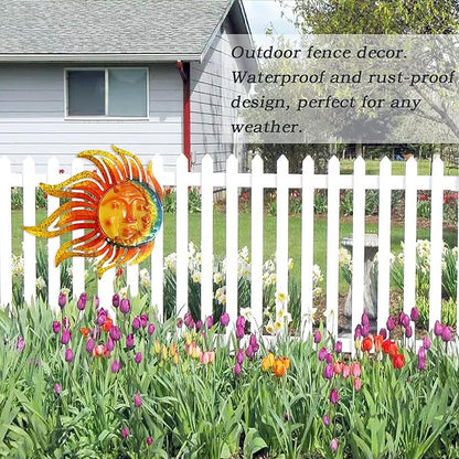 Metal Sun Moon Wall Art Decor, 12 Inch Retro Hanging Decor With Glass, Flame Sun Valentine Wall Decorations For Patio Yard Garden Fence Living Room Bedroom