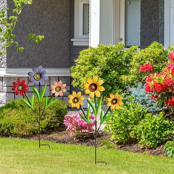 HUTHDAK Metal Flowers for Outside,2 Pack Large Colorful Decorative Garden Stakes Yard Art,Spring Garden Decor for Lawn, Pathway & Garden(21.9 * 12IN)