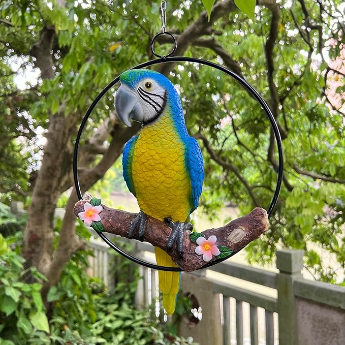 Hanging Scarlet Macaw Parrot Perching on Branch in Metal Round Ring for Home Patio Garden Decor 16" H (Blue and Yellow)