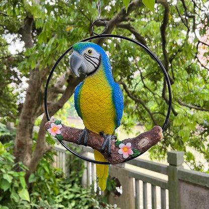 Hanging Scarlet Macaw Parrot Perching on Branch in Metal Round Ring for Home Patio Garden Decor 16" H (Blue and Yellow)