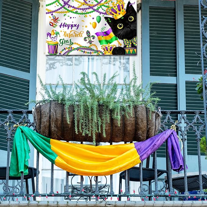 SENSEVEN Black Cat Mardi Gras Flags for Outside 3x5 Ft, Spring New Orleans Carnival Flag, Mask Feather Beads Cat Yard Flag Kitten Holiday Outdoor Banner for Farmhouse Decor, Mardi Gras Party Supplies