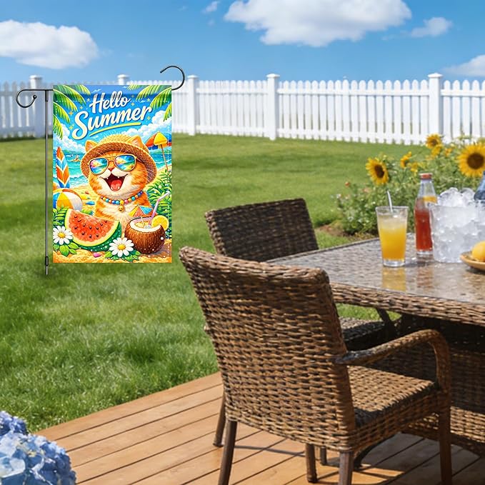 Nuxovilar Hello Summer Garden Flag Polyester 12x18 Inches Garden Flags for Outside Coastal Outdoor Decor Yard Porch Lawn (Beach Cat & Coconut Pattern)
