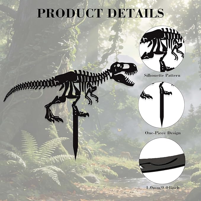 Metal Dinosaur Skeleton Garden Stake – Outdoor Dinosaur Fossil Statue for Yard and Garden Decor, Black Iron Decorative Lawn & Patio Stake
