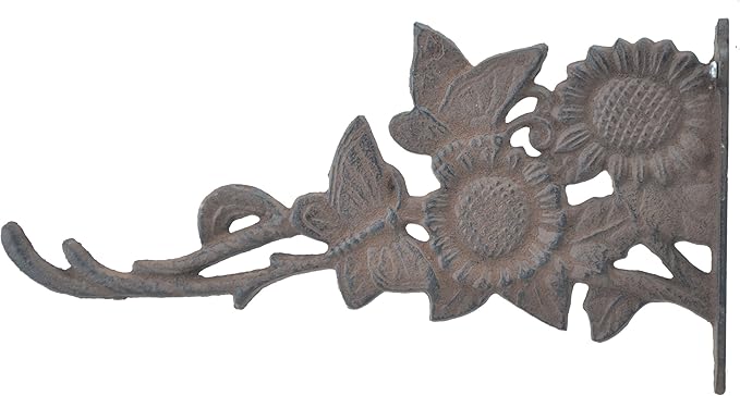 Butterflies & Sunflowers Decorative Brown Cast Iron Plant Hanger Hook 11.125" Deep Indoor or Outdoor