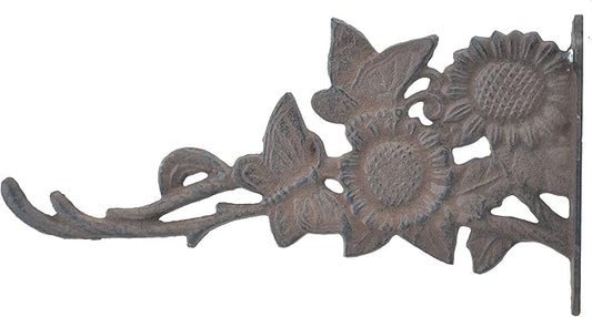 Butterflies & Sunflowers Decorative Brown Cast Iron Plant Hanger Hook 11.125" Deep Indoor or Outdoor