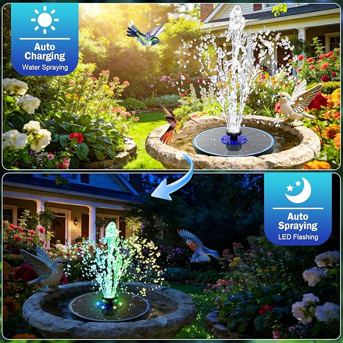 SZMP 3.5W Upgraded Glass Panel Solar Fountain with RGB Night Show, Anti-Drift Fixer & 7 Nozzles, Strong Floating Bird Bath Fountain for Garden, Pond, Outdoor (Blue)