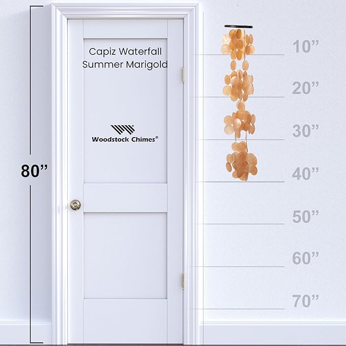 Woodstock Chimes Capiz Waterfall Wind Chime, 40" Summer Marigold Capiz Round Sea Shell, Handcrafted Ocean Theme Windchime for Outdoor, Patio or Garden Décor (CWSM)