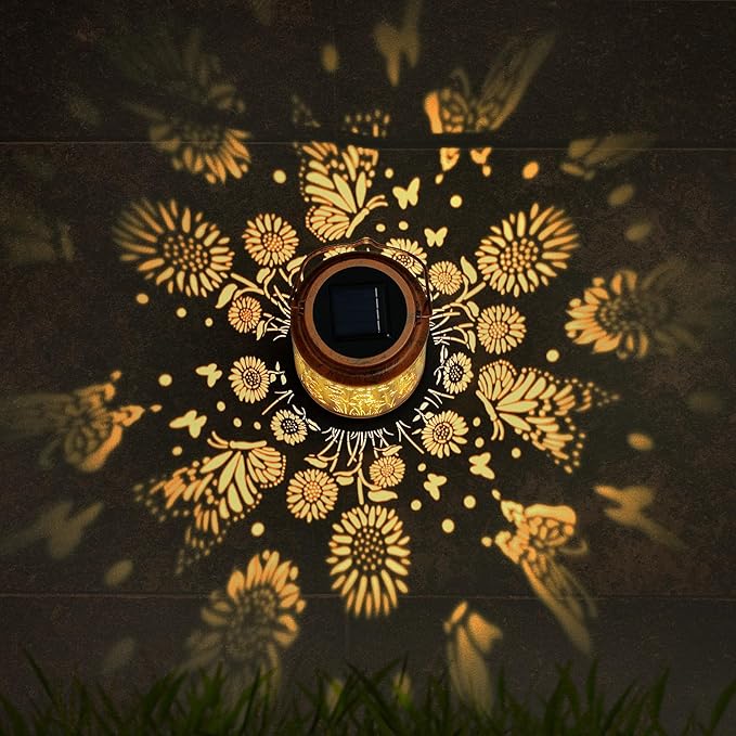 Sunflower Solar Lanterns Outdoor,Butterfly Gifts Metal Hanging Lights,Waterproof LED Solar Lights for Garden,Yard,Patio Pathway Lawn Decor,Birthday Gifts for Women,Mom-with S-Hook