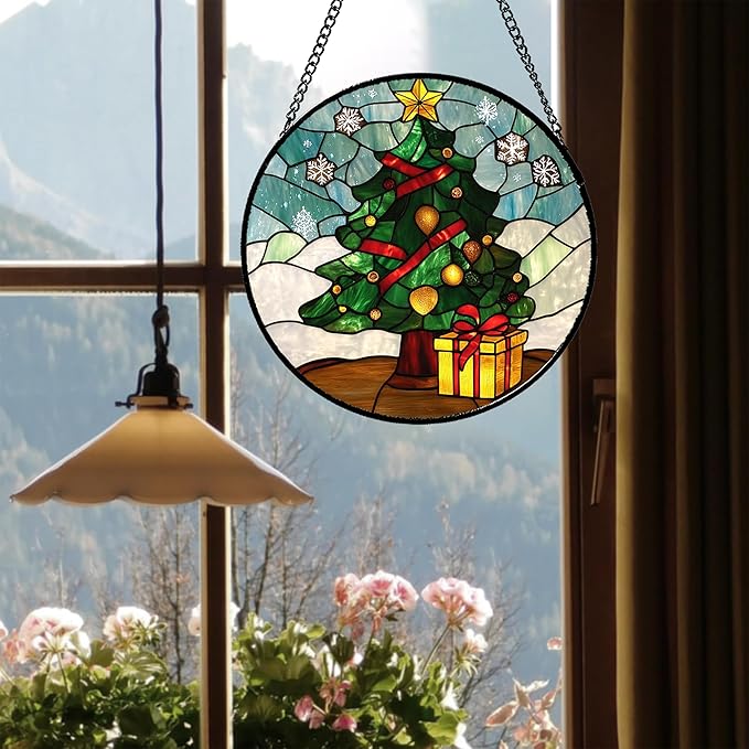 DASTOLL Stained Glass Window Hanging Green Christmas Tree Snowflake 6.3" - Suncatcher Door Garden Sun Catcher Xmas Holiday Decor Birthday for Mom Men Woman Friend Nana