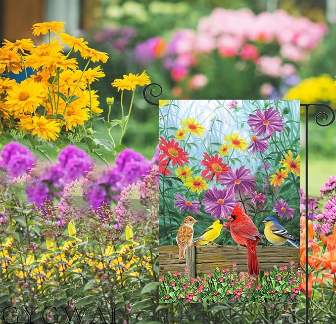 Spring Cardinal Garden Flag Floral 12x18 Double Sided, Birds Flower Small Burlap Yard House Seasonal Outside Outdoor Decoration
