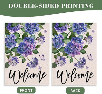 Welcome Spring Hydrangea Decorative House Flag, Purple Floral Flowers Butterfly Garden Yard Outside Decorations, Summer Farmhouse Outdoor Large Home Decor Double Sided 28 x 40