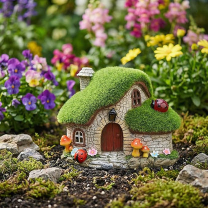 Solar Fairy Garden House Accessories, Outdoor Garden Statues with Ladybug Lights & Mushroom Gardening Gifts for Women, House Sculpture Figurine Outside Garden Decorations for Yard Patio Lawn Decor